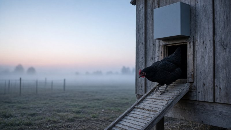 A black hen stepping onto a coop ramp at dawn below a closed pop door with a plain grey box above it