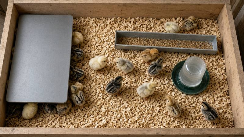 Top-down view of a brooder with a heat plate at one end, a feeder and waterer at the other, and chicks spread across
