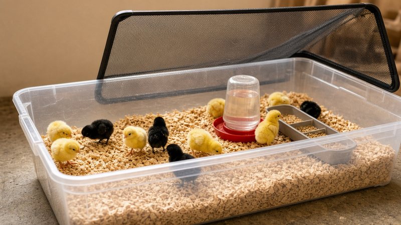 Yellow and black chicks in a large plastic tote brooder with pine shavings, a small waterer and a feeder trough