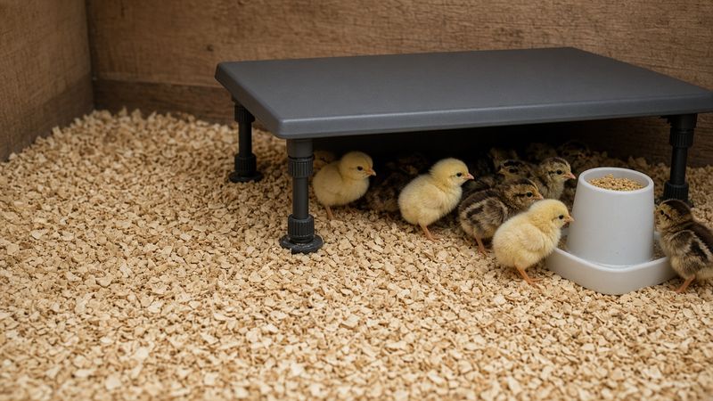 Fluffy yellow and brown chicks gathered under the edge of a flat heat plate on legs in a brooder with pine shavings