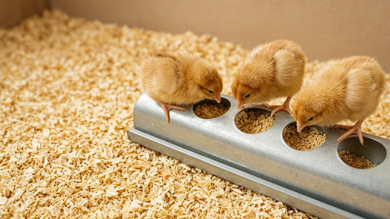 Three fluffy chicks eating crumbles from a plain metal feeder trough on pine shavings