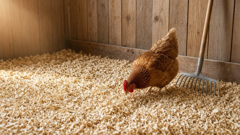 A hen scratching in deep pine shavings and straw on a coop floor, with a rake leaning on the wooden wall