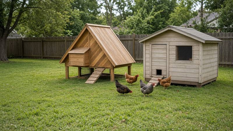 Two backyard coops side by side on a lawn, a raised A-frame and a small shed-style coop, with hens between them