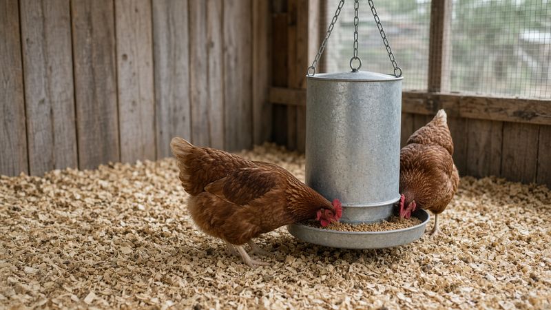 Two brown hens eating from a plain galvanized tube feeder hanging over pine shavings in a coop