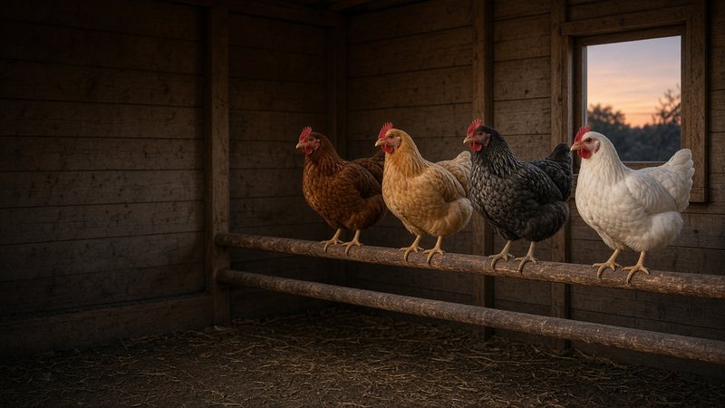 Four hens perched side by side on two wooden roost bars at different heights inside a coop at dusk