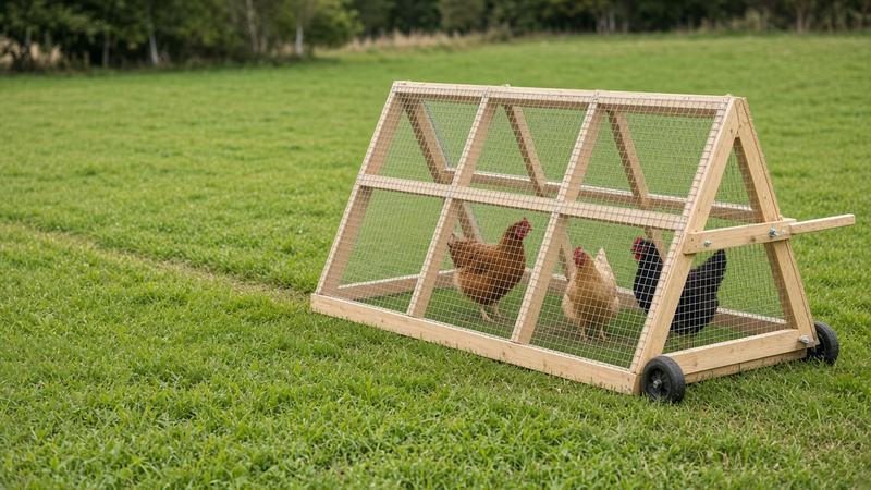 A wooden A-frame chicken tractor with wheels on a pasture strip, three hens inside and a line of fresh grass behind it