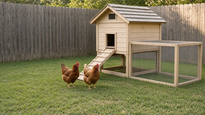 Two brown hens on a mown lawn in front of a small raised wooden coop with a ramp and an attached wire run