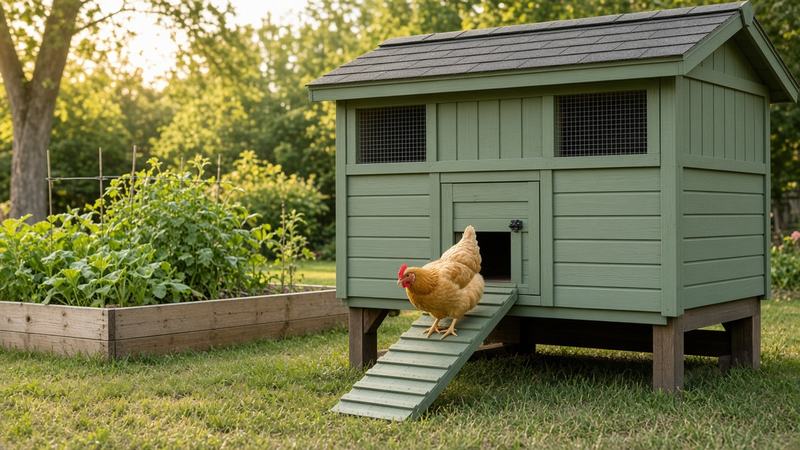 A buff hen stepping up the ramp of a sage-green home-built coop with mesh-covered vents beside a garden bed