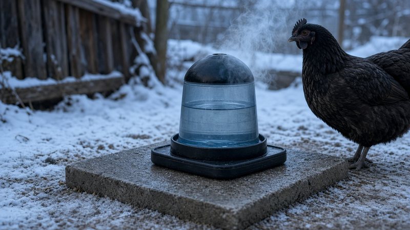 A black hen beside a plain waterer on a heated base on a paver in a snowy run, with a light wisp of steam