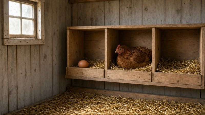 A brown hen sitting in the middle of three wooden nest boxes with straw bedding, a brown egg in the box beside her