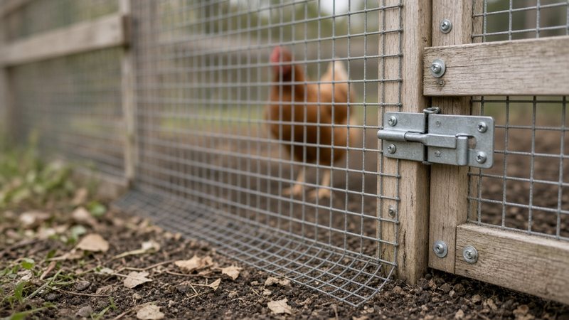 A run corner with welded mesh screwed to the frame, a mesh skirt at the soil edge and a two-step latch on the door