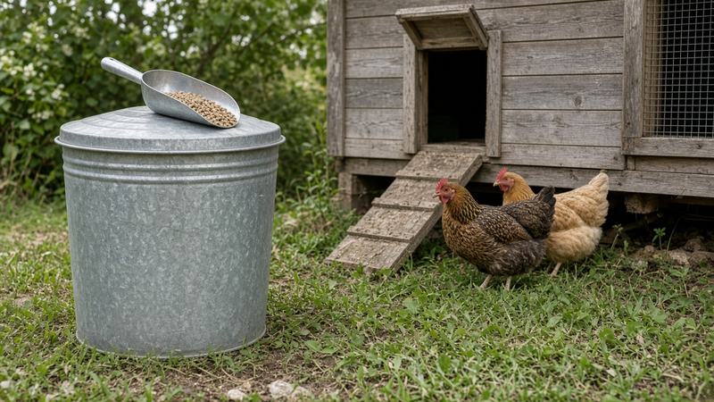 A galvanized bin of feed pellets with a scoop beside an open coop door, two hens on the grass behind